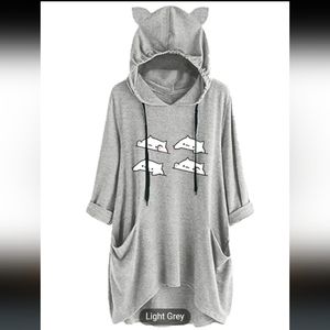 Women's hoodie shirt ear hat mid-length blouse mid-sleeve top oversize sweatshir